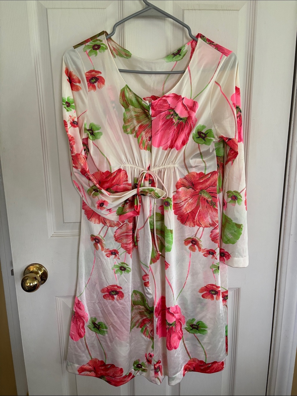 White Floral Tie-Waist nightie Dress with Pink & Green Poppies